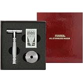 Feather All Stainless Steel Double Edge Safety Razor with Stand &amp; 5 Blades | Mens Double Edge Shaving Set, Weighted Balance Handle &amp; Stand for Fans that appreciate a great Shave at Home, Made in Japan