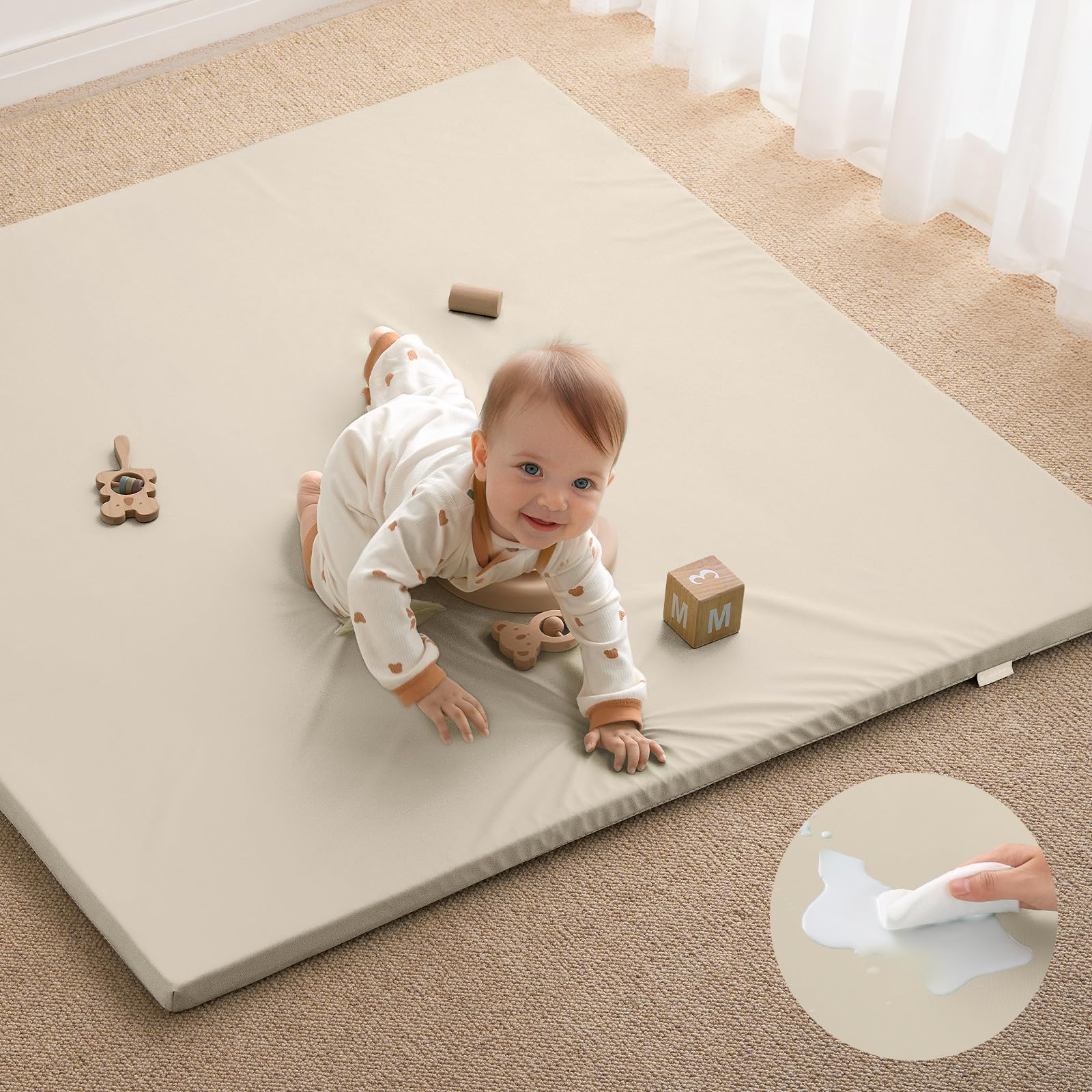 Photo 1 of Blissful Diary Vegan Leather Baby Play Mat, 47x47 Thick Foam Cushioned & Waterproof Playpen Mat for Infants and Toddlers, Stylish and Just Wipe-Clean Playmat for Baby Play on Floor, Beige