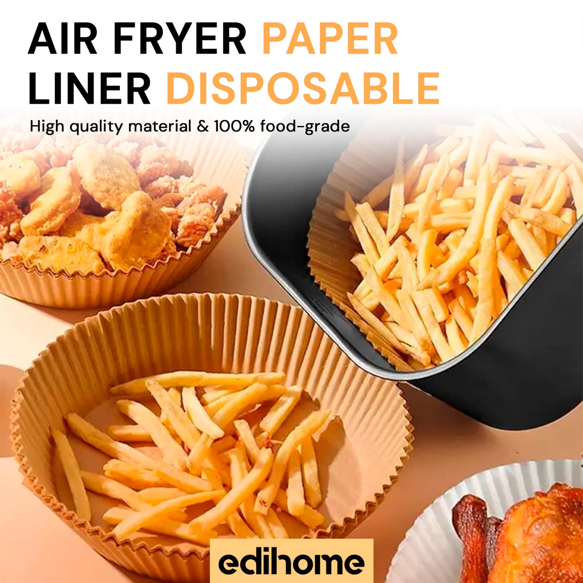 edihome, Backpapier für Heißluftfritteuse, fur Air Fryer, 100 Stück, 20-24 cm, BPA Free, Zubehör Heissluftfritteuse, Einweg, für Backofen, 5 bis 8 Liter (Quadratisch, 20-24 cm) 3