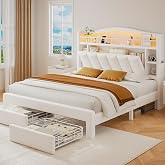 Full Size Bed Frame with LED Storage Headboard &amp; 2 Storage Drawers, Velvet Upholstered Bed with Vertical Tufted Headboard Design, USB &amp; Type-C Charging Ports, Wooden Slats Support, Noise-Free, Beige