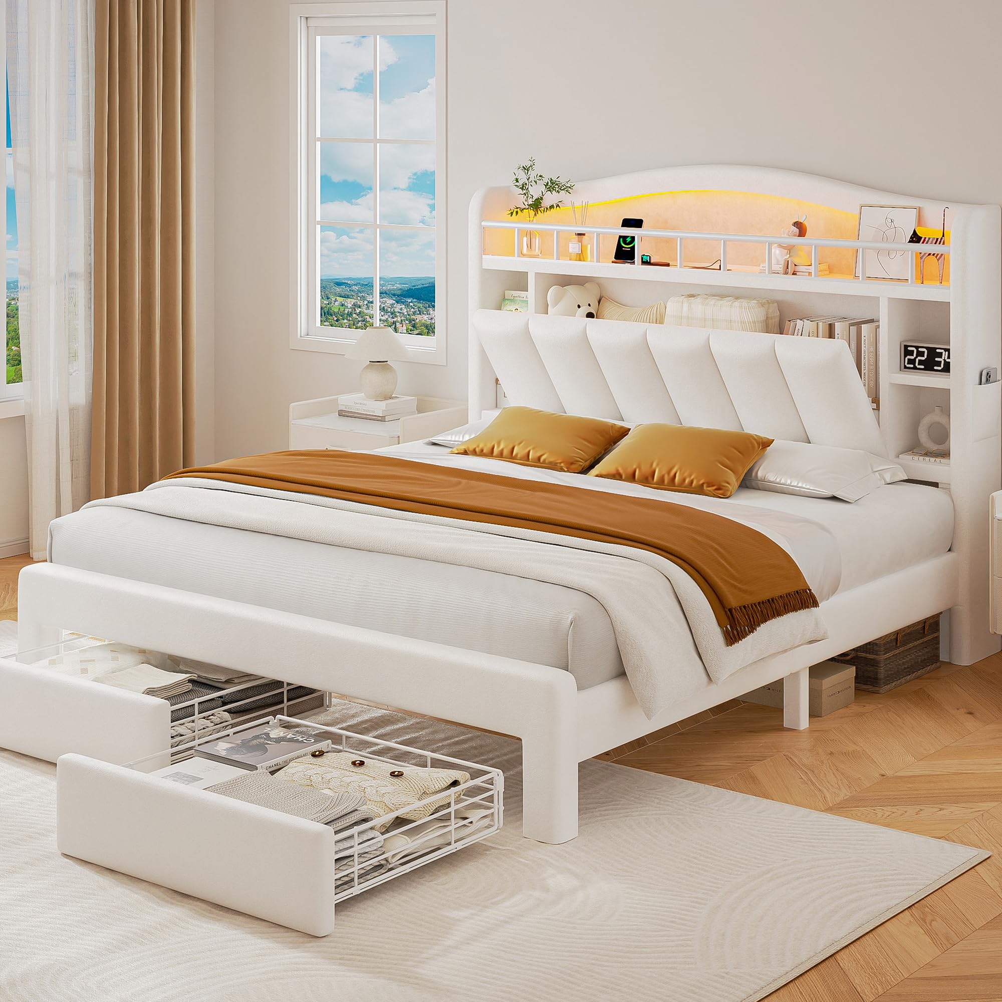 Photo 1 of ***MISSING SCREWS*** Queen Size Bed Frame with LED Storage Headboard & 2 Storage Drawers, Velvet Upholstered Bed with Vertical Tufted Headboard Design, USB & Type-C Charging Ports, Wooden Slats Support, Noise-Free, Beige