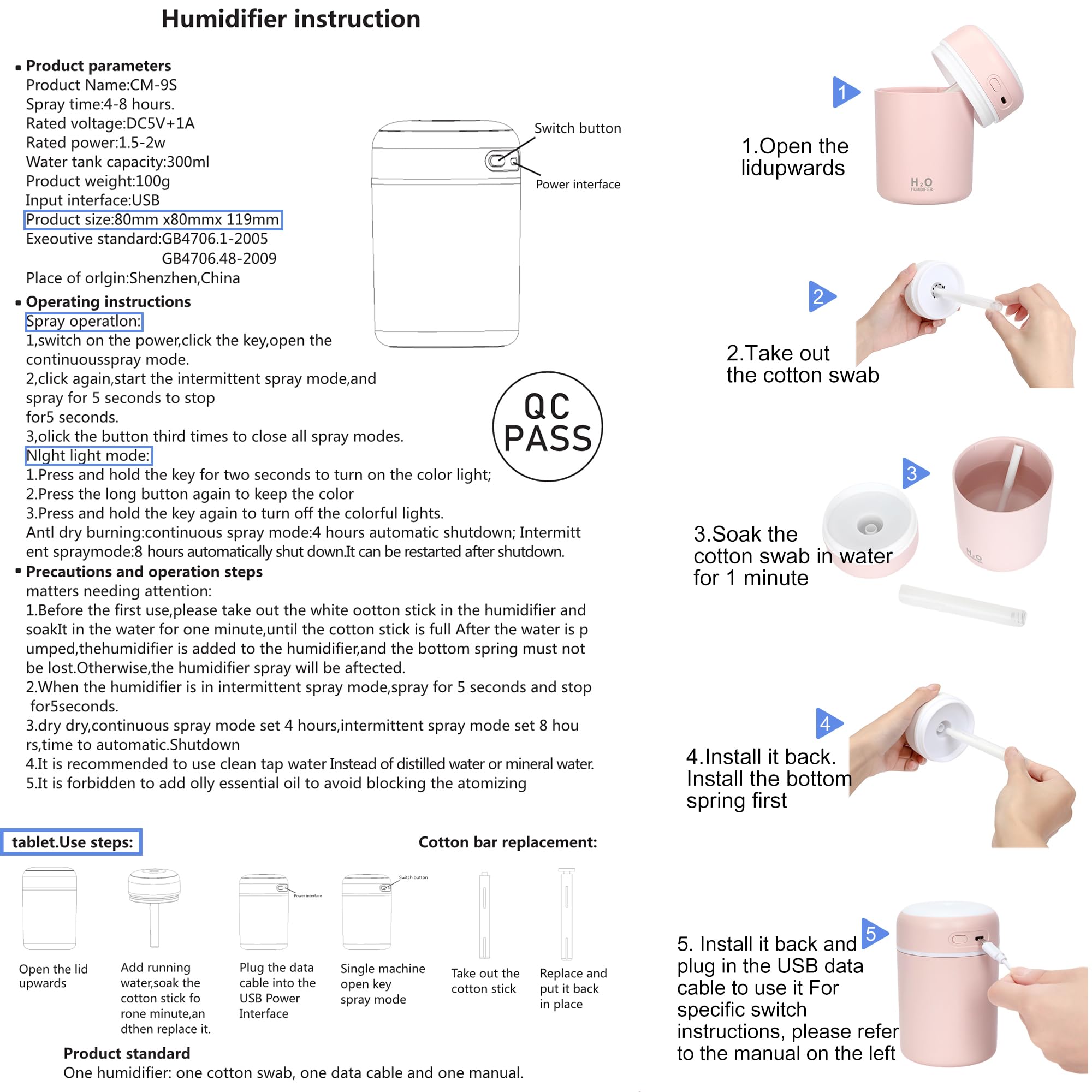 Portable Mini Humidifier, Colorful, Cool Mist, USB Powered. Perfect for Bedroom, Office & Car (300ml, White)
