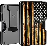 Minimalist Aluminum Wallet for Men, Slim RFID Blocking Money Clip, Wood Grain American Flag, Front Pocket Metal Card Holder for Business Travel, Personalized USA Gifts for Soldiers Veteran, Matte Gray
