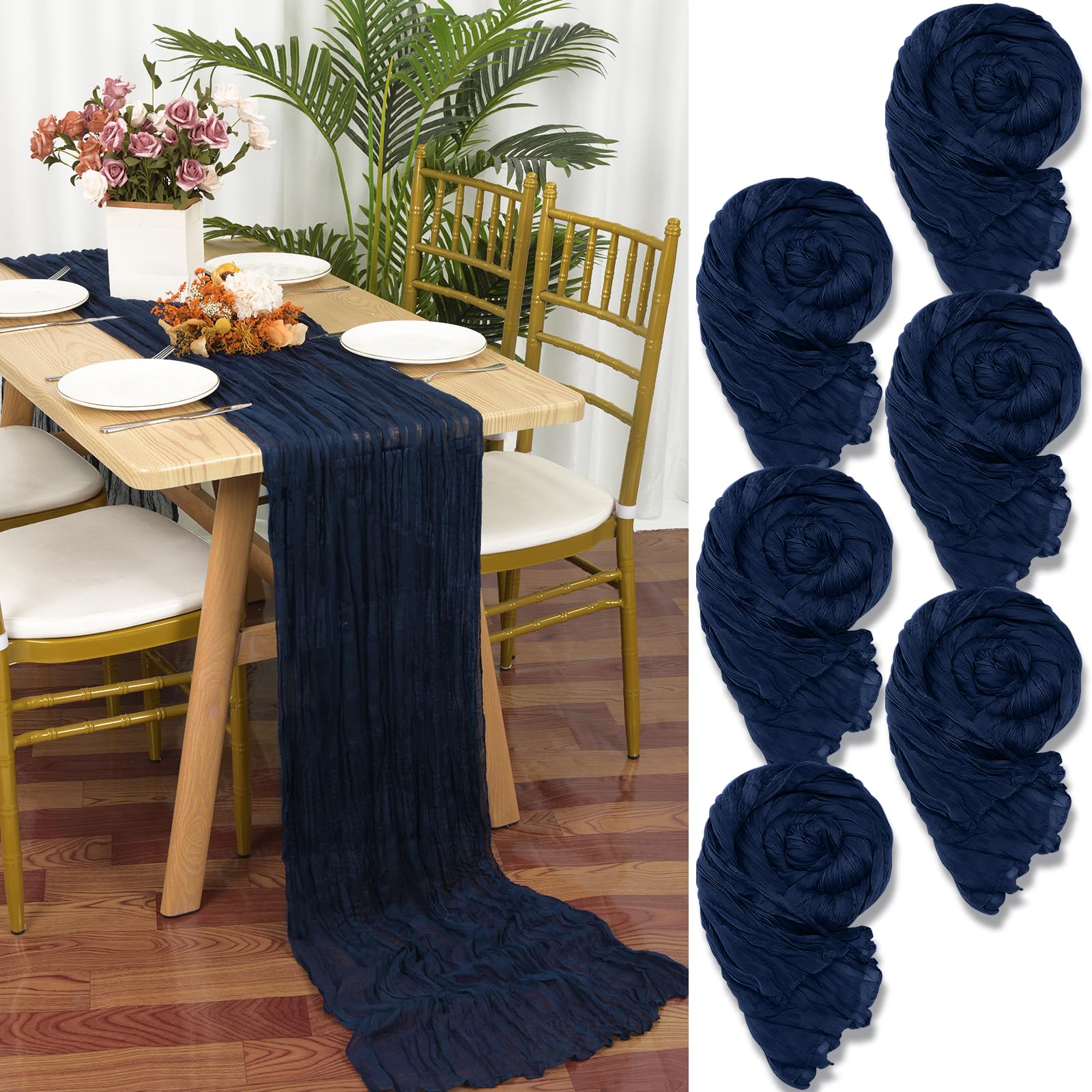 YMHPRIDE 6 Packs Cheesecloth Table Runner Navy Blue, 90x300cm Dark Blue Rustic Gauze Fabric Boho Table Runner, Cheesecloth Wedding Table Decor for Wedding Party Bridal Shower Table Decorations