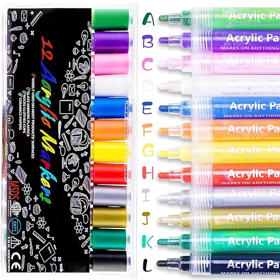 Acrylstifte Marker Stifte, 12 Farben Wasserfest Paint Marker Set mit 8 DIY Karten, Permanent Acrylic Painter für Steine Scrap