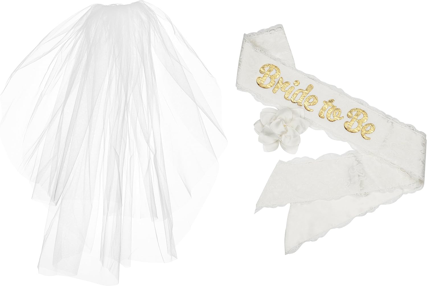 Bachelorette"Bride to Be" 2 Tier Plain Edge Veil & White Satin & Lace Sash with Gold Lettering for Hen & Bridal Shower Party