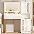INNOD 45" Fluted Makeup Vanity Desk with Mirror and Lights, Makeup Desk with 5 Shelves& 2 Storage Cabinet, Vanity Table with Power Outlet, 3 Color Adjustable Lighting Dressing Table Set for Bedroom