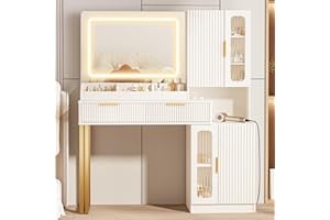 INNOD 45" Fluted Makeup Vanity Desk with Mirror and Lights, Makeup Desk with 5 Shelves& 2 Storage Cabinet, Vanity Table with Power Outlet, 3 Color Adjustable Lighting Dressing Table Set for Bedroom