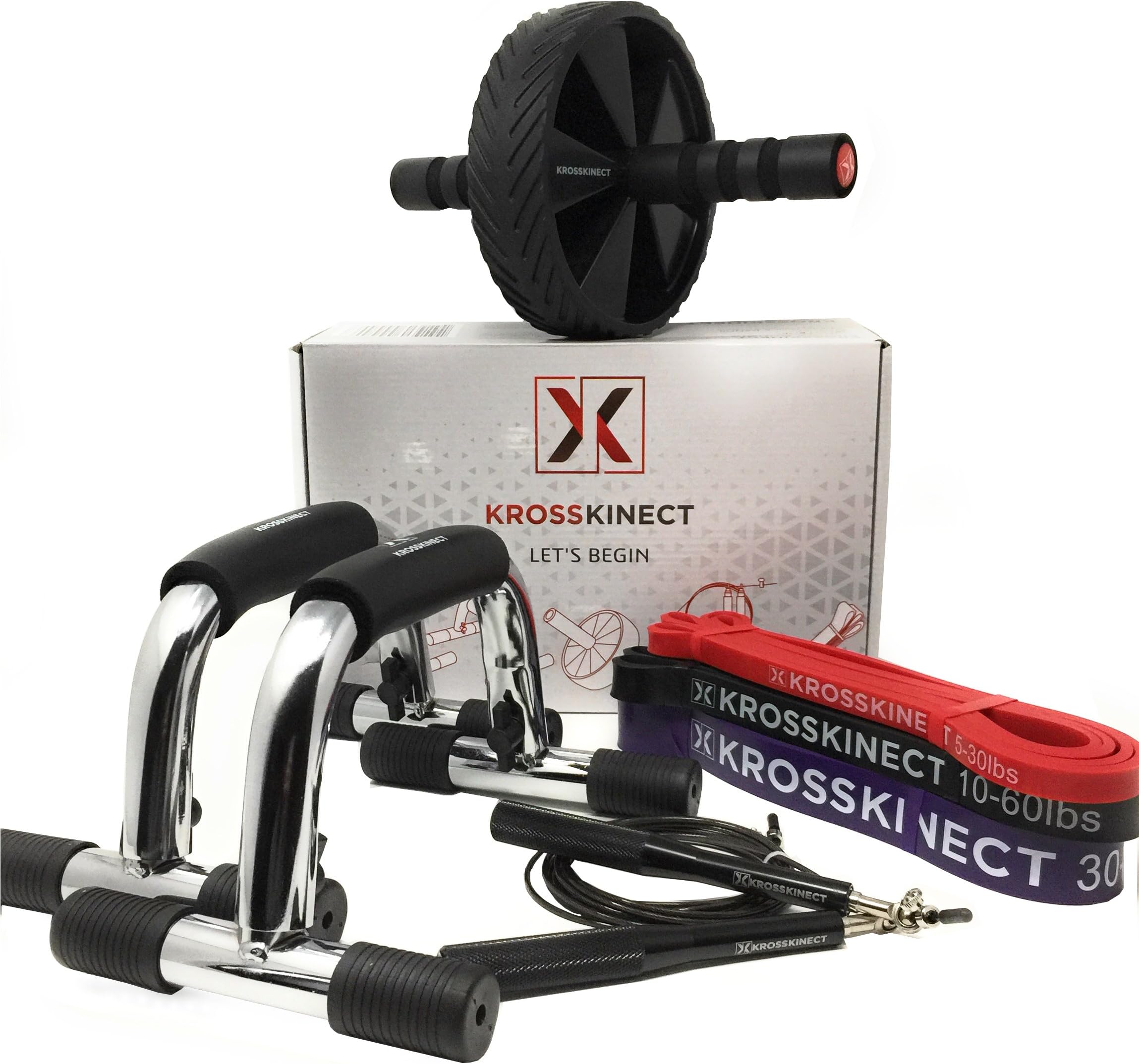 Kross Kinect Exercise Kit for Home or Gym - Push Up Bars, Ab Wheel, Jump Rope and 3 Resistance Bands (5-80 LBS)