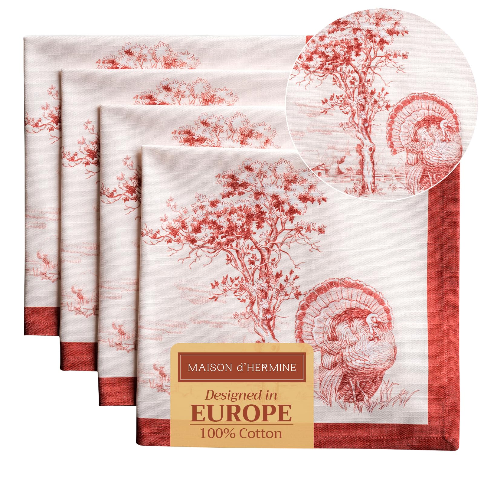Maison d' Hermine Cloth Napkins Set of 4 100% Cotton for Christmas Decorations Everyday Reusable Square Autumn Napkins Cloth Washable Dinner Party Wedding (Holy Jouy - Red, 45 CM x 45 CM)