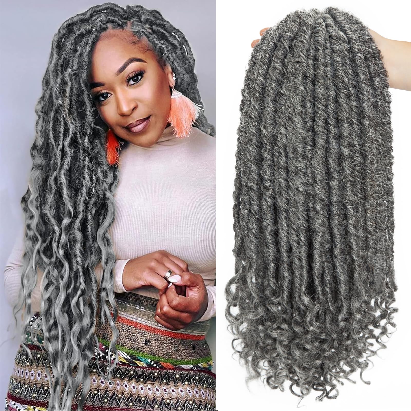 Straight Goddess Faux Locs With Curly Ends Ombre Braiding Locs Synthetic Crochet Braiding Hair Extensions Dreadlocks For Braids 3 Packs - Dark Grey