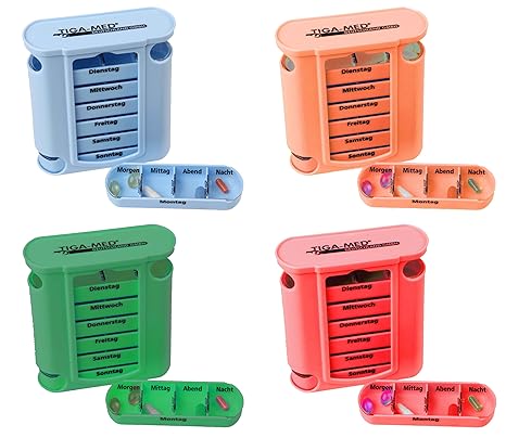 Medikamentendosierer Tablettenbox 4er Set (=4Stück - jede Farbe 1x) Pillenbox Pillendose 7 Tage Medikamenten Dosierer Spender