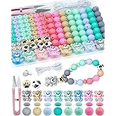 124PCS FIVEIZERO Silicone Focal Beads for Keychain Making, Animal Bear, 15mm Round 12mm Lentil & 10mm Rhinestone Beads for Pens, Bracelets & Crafts with Elastic Cord & Scissors