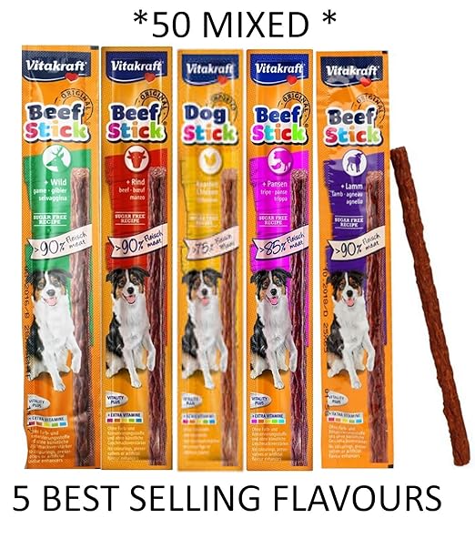 Vitakraft *NEW* CASE OF 50 MIXED VARIETY DOG BEEF STICKS 10 FLAVOURS