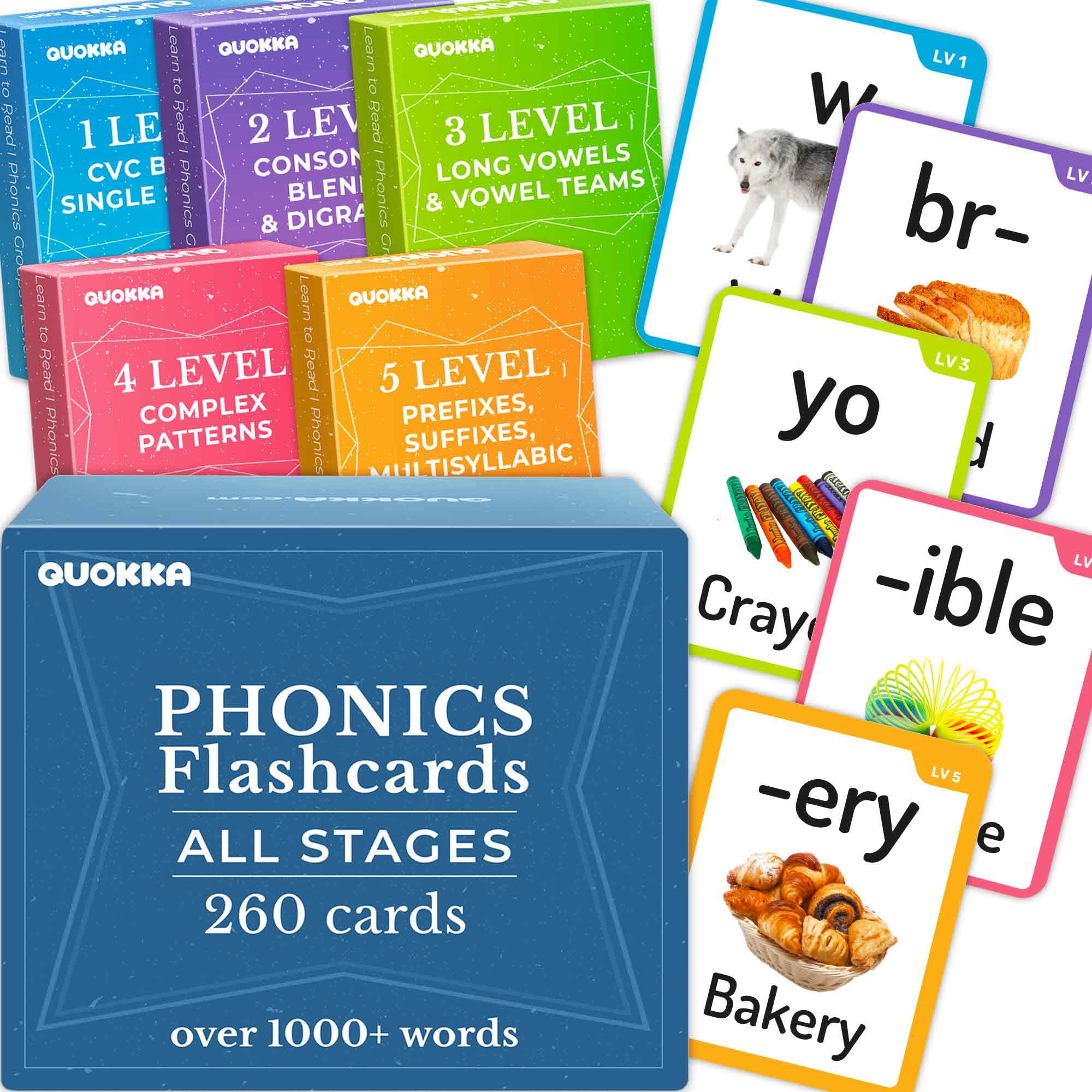 QUOKKA 1000+ Phonics Words Flash Cards for Kids Ages 4-8 – 20 Reading Stages – 260 Card Games for Kids Ages 3-5 and 6-8 – Learn to Read Games & Phonics Manipulatives for Complete Phonemic Awareness — image 1