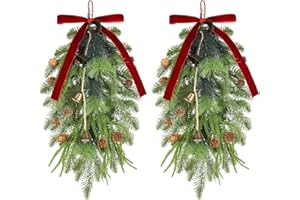Sariiraw 2 Pcs Artificial Christmas Teardrop Swag, 22" Faux Pine Needles Greenery Teardrop Wreath for Xmas Door Table Mantle Fireplace Indoor Outdoor Holiday Decor with Red Velvet Bow