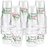Funnymoom 100 Pack Christmas Plastic Disposable Cups Bulk 12 oz Xmas Plastic Cups with Red and Green Sayings for Holiday Merry Bright Warm Clear Drinking Cup for Christmas Holiday Party Decoration