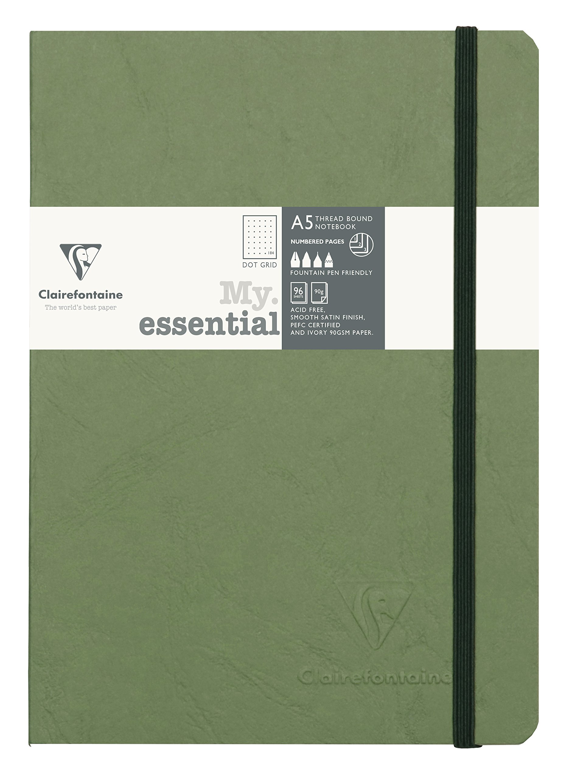 Clairefontaine 793433C Collection Age Bag Green MyEssential Stitched Elastic Notebook - A5 14,8x21cm - 192 DOT Numbered Pages - 90g Ivory Paper - Leather Cover