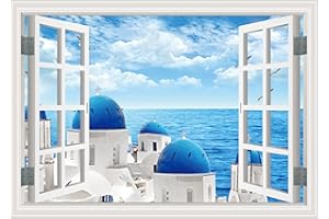FLFK Fake Window Wall Sticker - Sea & Castle Faux Window Wall Mural for Wall Decor, Stick and Peel Wall Decals,16"x24"