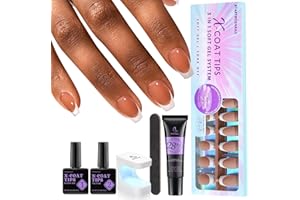 BTArtboxnails French Gel Nail Kit - French Tip Press on Nails Brown Short Coffin XCOATTIPS Pre-applied Tip Primer & Base Coat Fake Nails for Nail Art DIY