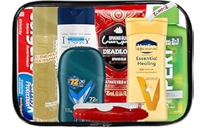 ZompoZ-Travel Toiletries Kit Gift for Men, Travel Bag of Essentials for Bath, Shaving and Personal Care, 8 Mini TSA Approved Items in Reusable Zipper Bag, Mini Toiletries Gift for Him, for On-The-Go