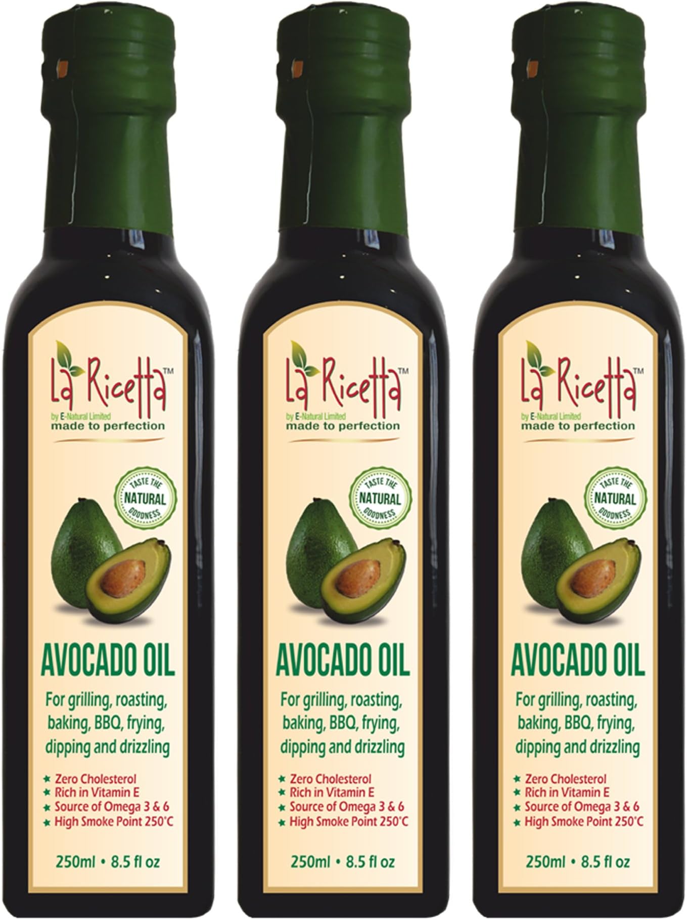 La Ricetta Avocado Oil - Zero Cholesterol - 100% Natural for Healthy Cooking, Roasting, Baking, Drizzling, Dipping, BBQ and Frying - 3 x 250 ml - Charitable Product