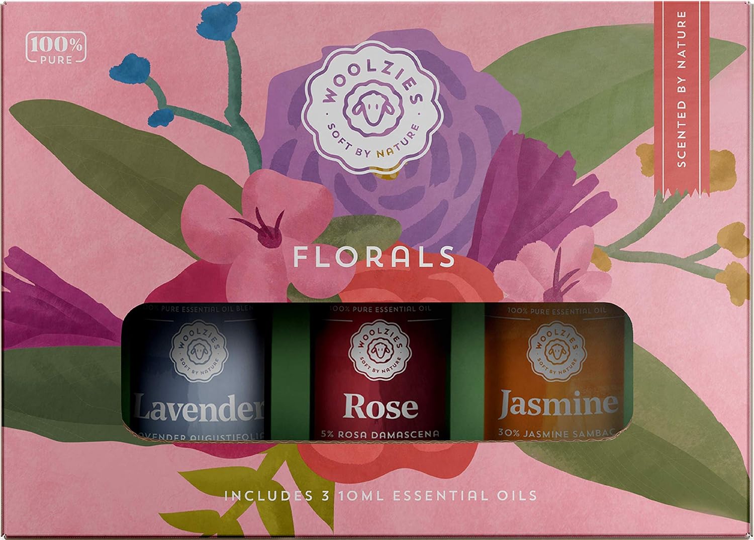 Woolzies Floral Collection Set of 3 | 100% Pure, Natural & Undiluted Essential Oils | Therapeutic Grade Aromatherapy Oils | for Diffuser or Topical Use | Incl. Lavender, Rose & Jasmine Oils | 10 ML