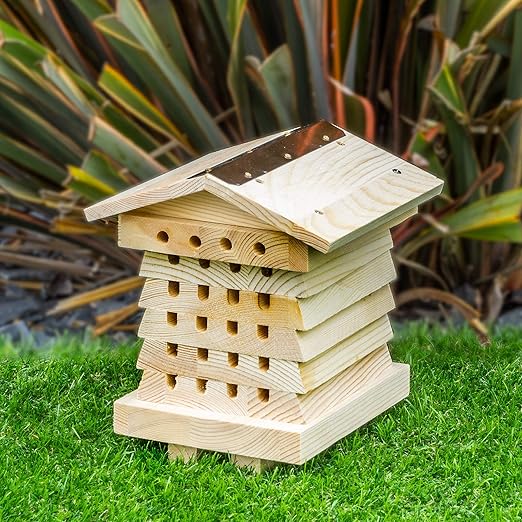 SA Products Wooden Bee House for Solitary Bees Natural Wood Hive for