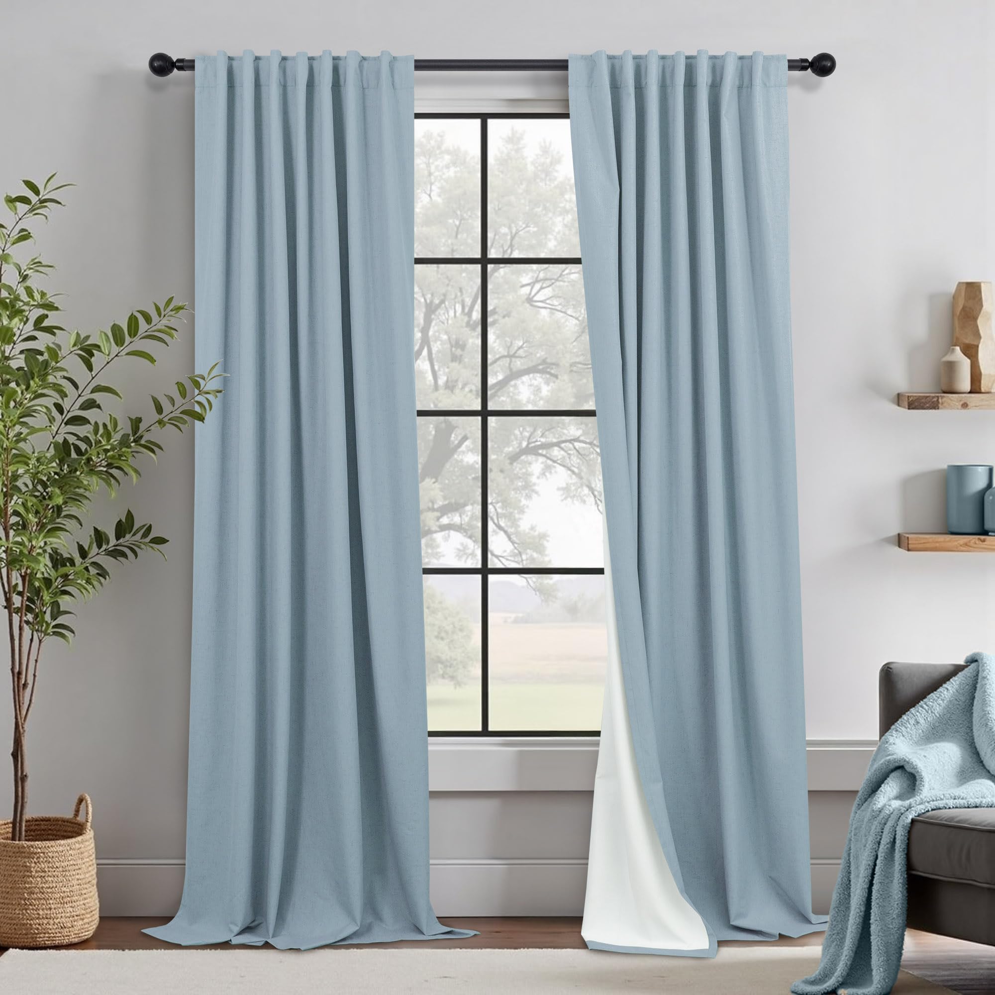 Photo 1 of 100% Blackout Curtains 90 Inches Long for Living Room 2 Panels Set Light Blocking Heat Darkening Energy Saving Curtain Window Coverings Coastal Beach Linen Farmhouse Drapes Bedroom Stone Blue Chambray