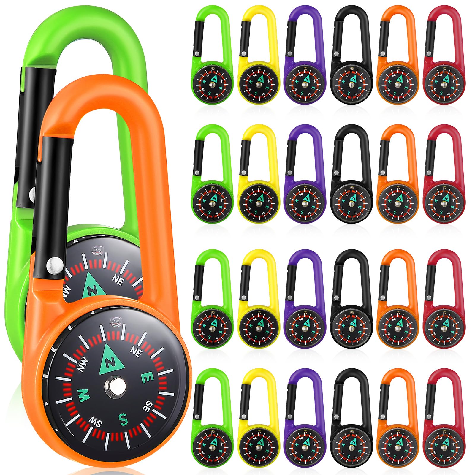 NUOBESTY 24pcs Compass Keychains Colorful Carabiner Compass Compass Clips Pocket Compass Belt Clips for Outdoor Camping Party Toys