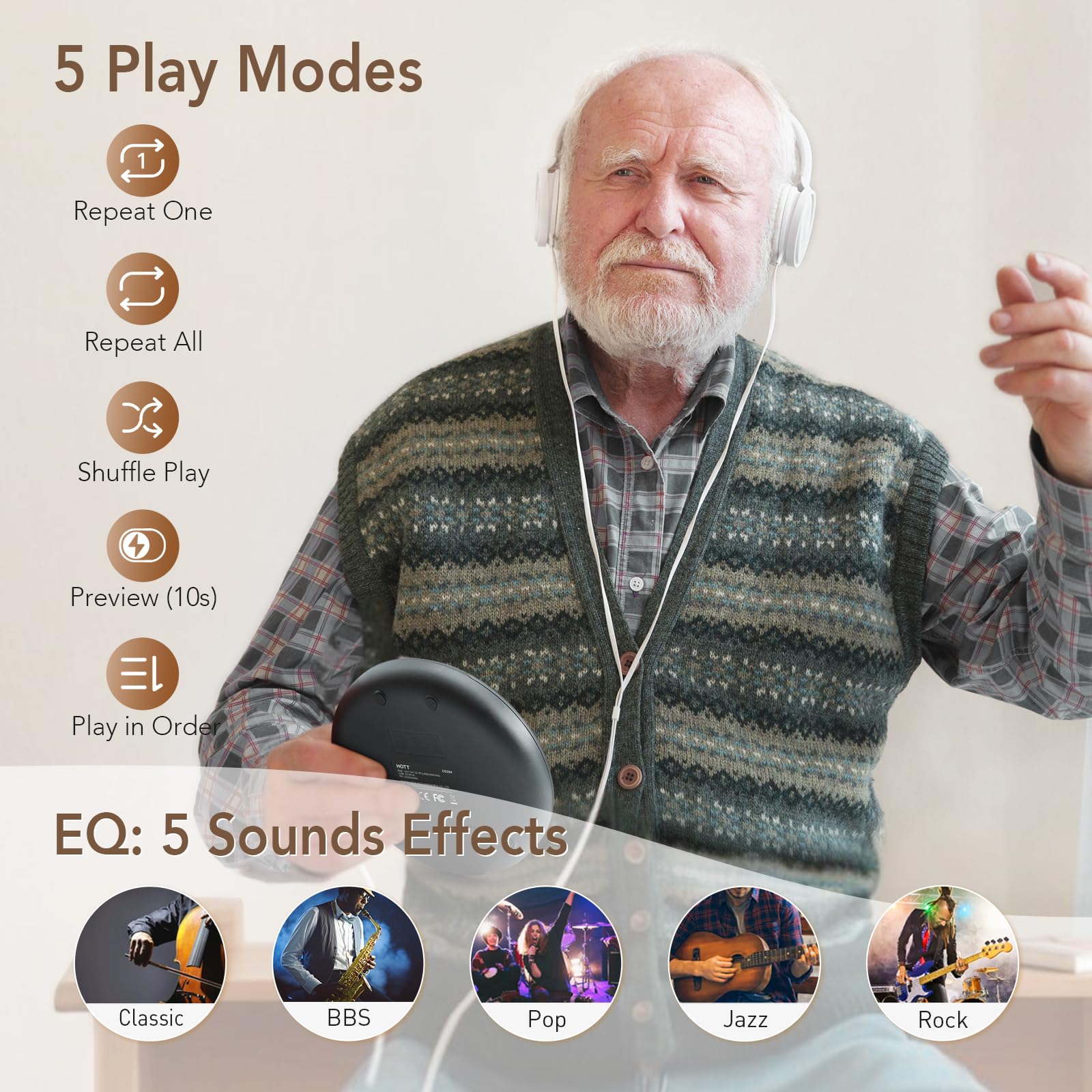 HOTT C204 Basic Portable CD Player with Anti-Skip Protection - AA Battery Powered, Compact CD Players MP3/CD-R Compatible, Built-in Headphones & AUX Output for Car, Home, Trave Multiple cd Players