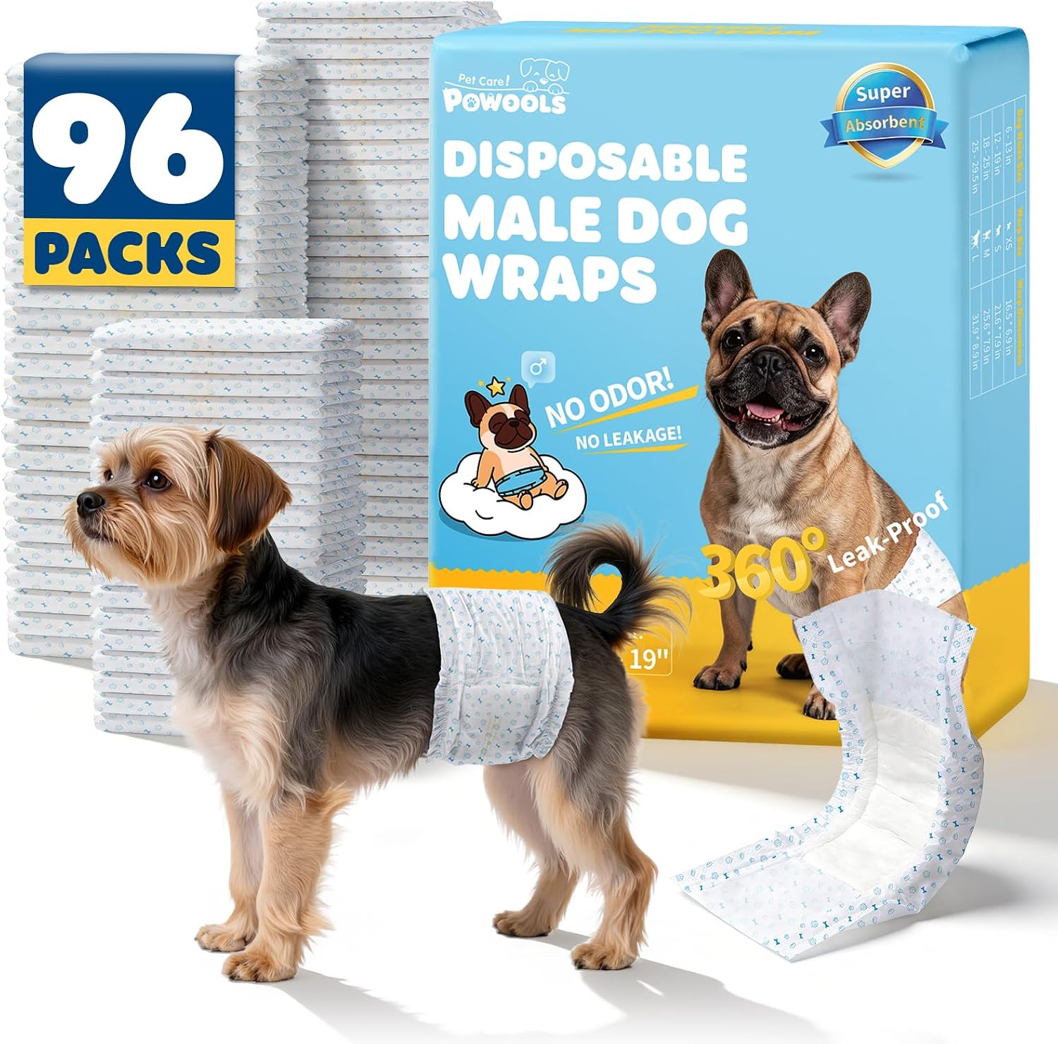 Powools Male Dog Wraps - 96 Count Disposable Dog Diapers with Wetness Indicator, Leakproof & Comfortable, Highly Absorbent Belly Bands for Training, Incontinence, Travel, Small