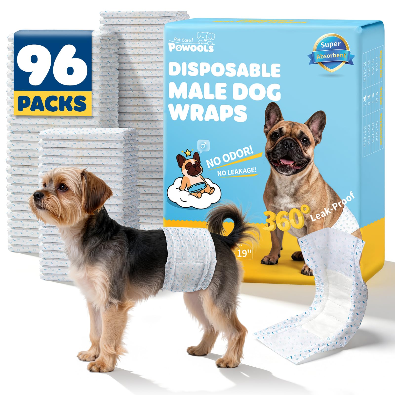 Photo 1 of Powools Male Dog Wraps - 96 Count Disposable Dog Diapers Small Size with Wetness Indicator, Leakproof & Comfortable, Highly Absorbent Belly Bands for Training, Incontinence, Travel, Small