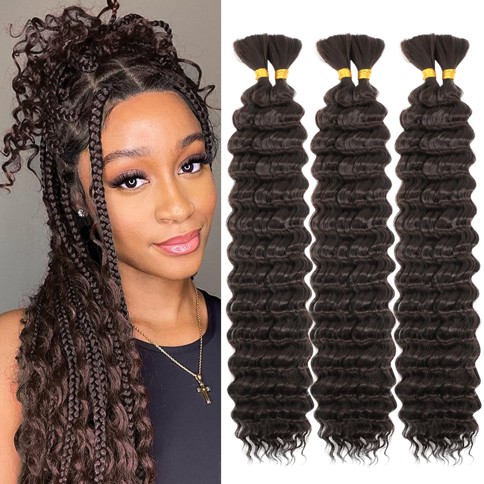 LPARMJIT Deep Wave Bulk hair for Braiding 18 inch 2 Bundles/Pack No Weft for Braiding Wavy Synthetic Braiding Hair Extensions for Boho Braids (4#, 24inch(3pack))
