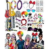80pcs Large Gorgeous Photo Booth Props Set Birthday Party Accessories Kit Includes Clown Wig Foil Tinsel Wig Rock Headband Novelty Funny Glasses Inflatable Prop for Adult Teen Carnival Party Supplies