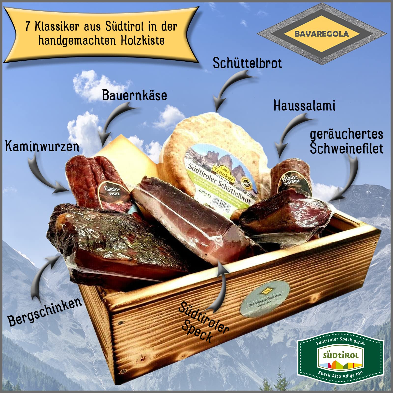 Südtiroler Geschenkset mit 7 Spezialitäten - Präsentkorb gefüllt mit Speck, Käse, Salami - Feinkost Geschenk für Männer & Frauen 2