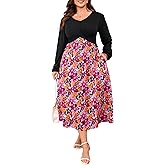 BLUEMING Women's Casual Plus Size Dresses V Neck Long Sleeve Floral A-Line Swing Long Dress with Pockets