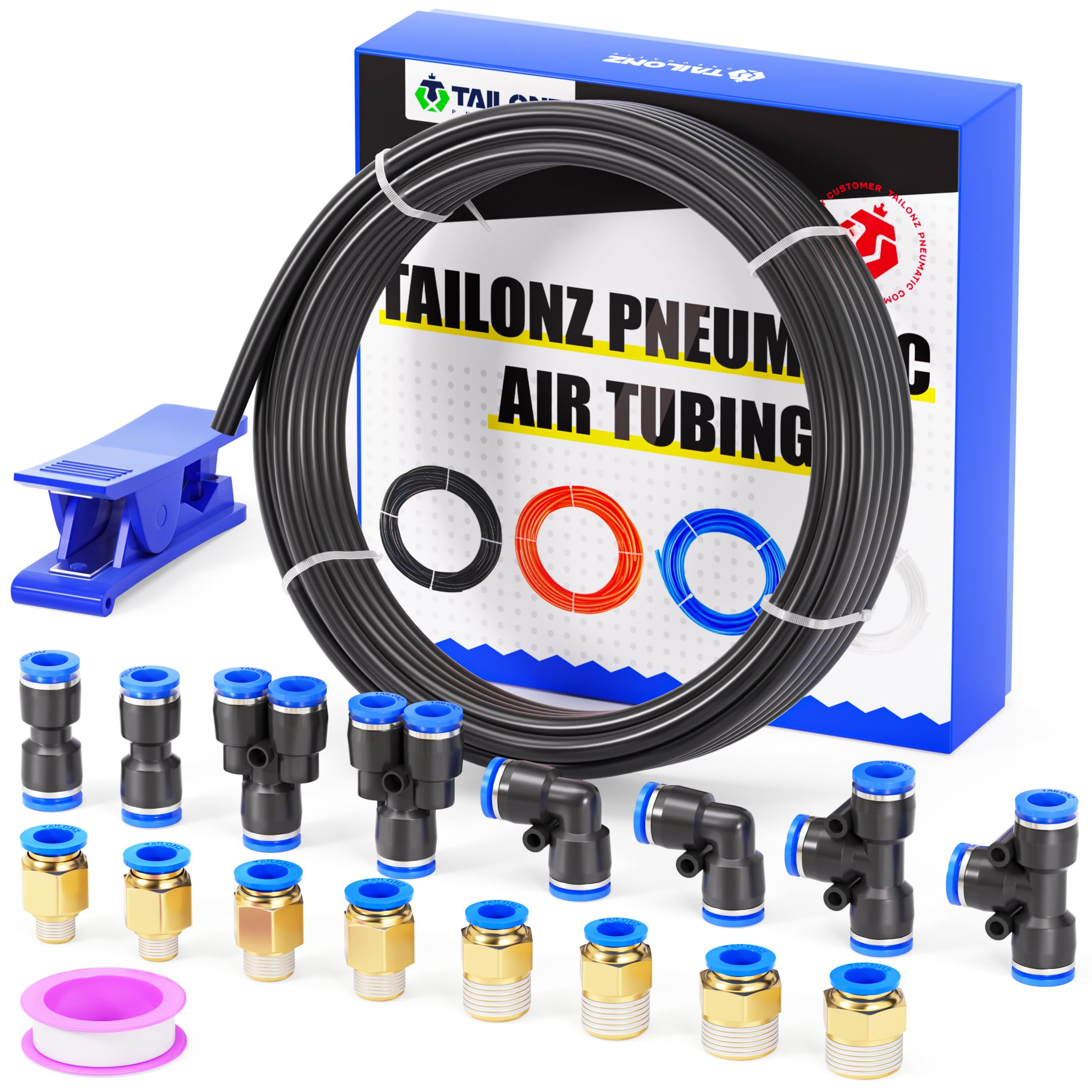 TAILONZ PNEUMATIC Black 8mm OD 5mm ID Polyurethane PU Air Hose Pipe Tube Kit 10 Meter 32.8ft