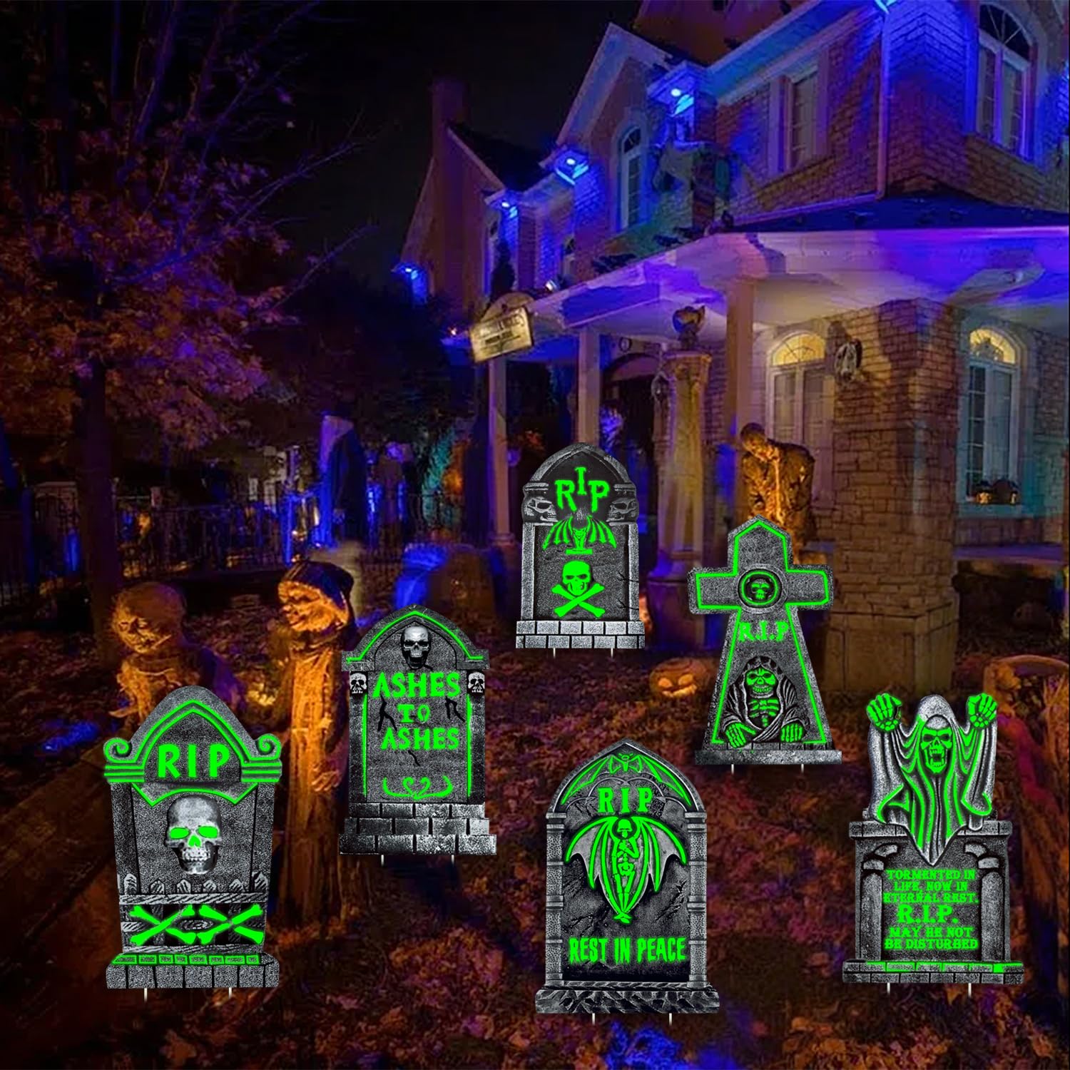 Photo 1 of 6Pcs Halloween Graveyard Decor, 16"x25" Glow in The Dark Tombstones for Outdoor Displays, Durable and Waterproof Gravestones, Light up Spooky Cemetery Decorations for Halloween
