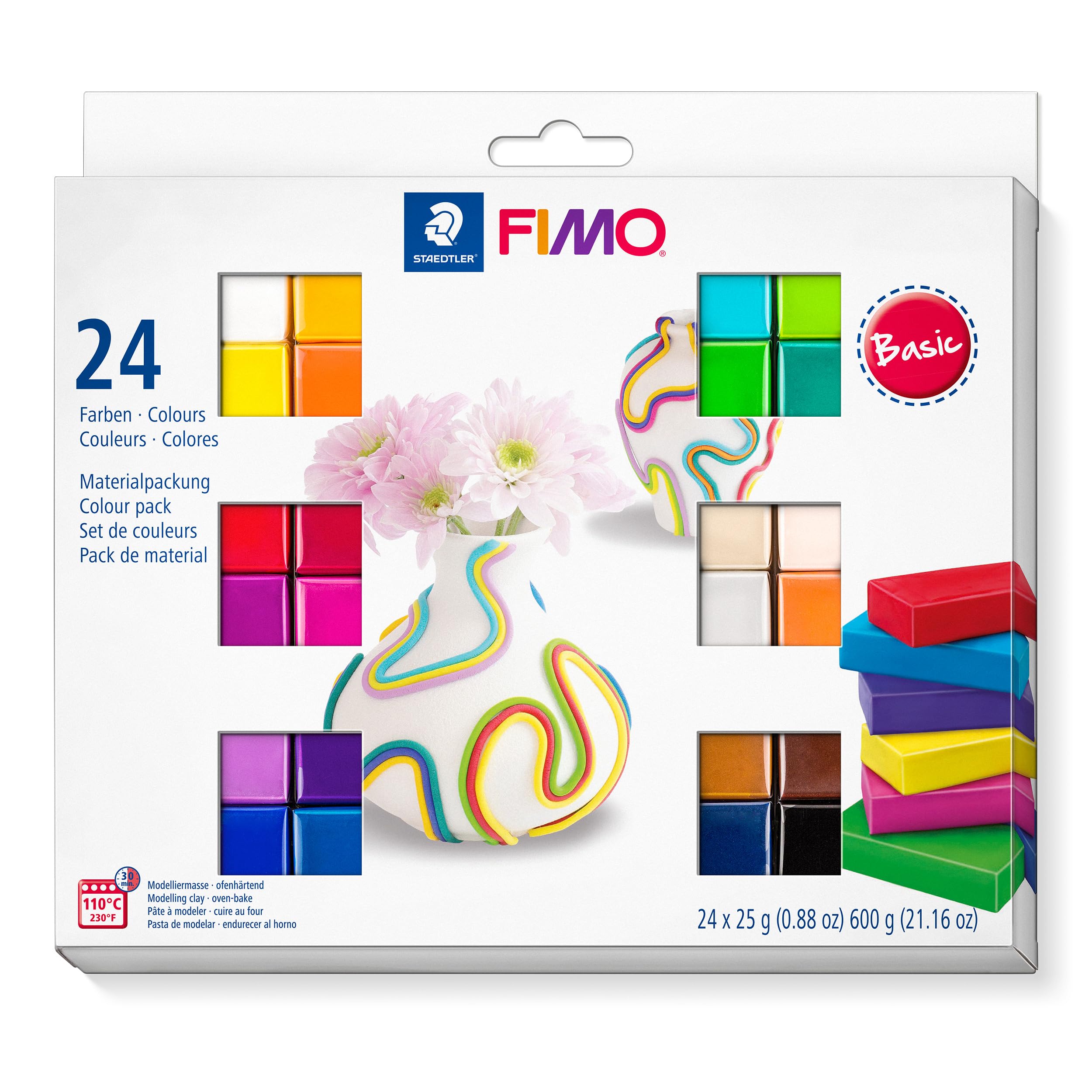 STAEDTLER 8023 C24-1 FIMO Soft Oven Hardening Polymer Modelling Clay - Basic Assorted Colours (Pack of 24 x 25g Blocks)