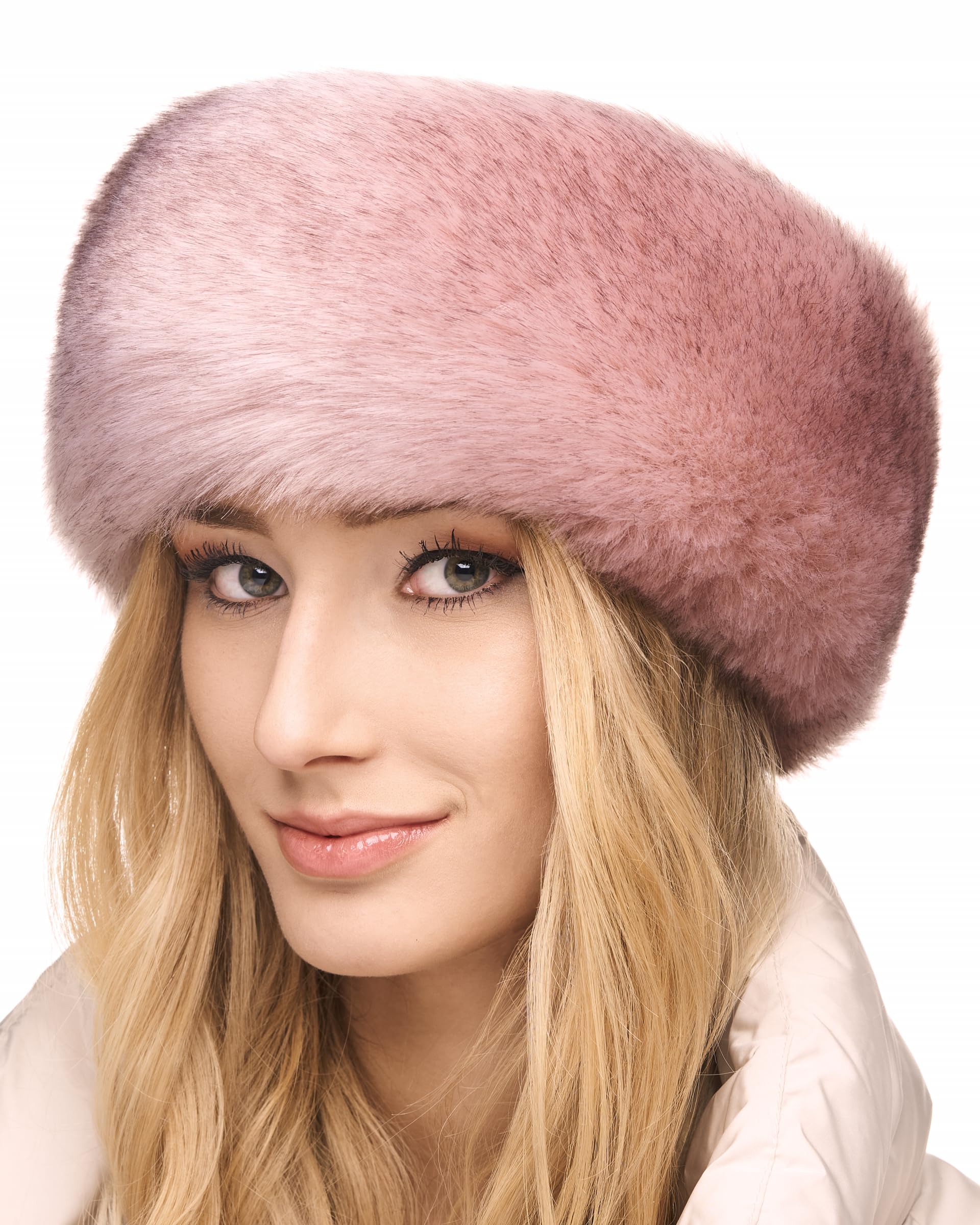 Futrzane Siberian Headband - Womens Faux Fur Headbands - Fluffy Russian Earband - Size S (Pink Siberian)