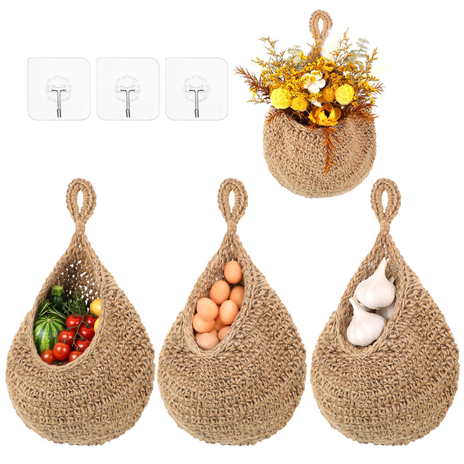 View 1 of 3 Pcs Jute Onion Basket Hanging for Pantry, Potato Garlic Onion Pantry Storage Baskets, Potato Holder Hanging Wall Vegetable Baskets for Succulent Wall Decor, Large