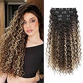 Clip in Hair Extensions, FLUFYMOOZ 4PC 100% Pure Protein Silk Hair Extensions Long Soft Natural Hairpiece 20 Inch Curly Hair Extension for Women (Medium Brown Ash Blonde Highlight)