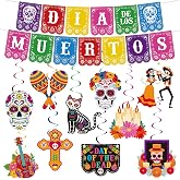Mexican Dia De Los Muertos Decor Ofrenda Altar Decor Dia De Los Muertos Colorful Papel Picado Hanging Banner Sugar Skull Marigold Day of the Dead Hanging Swirl Decorations for Mexican Party Home Decor