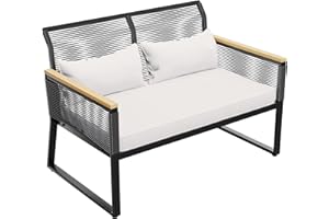 YITAHOME Patio Furniture Wicker Outdoor Loveseat, All Weather Rattan Conversation Loveseat for Backyard, Balcony and Deck with Wooden Armrest, Gray Cushions (Black+Beige)