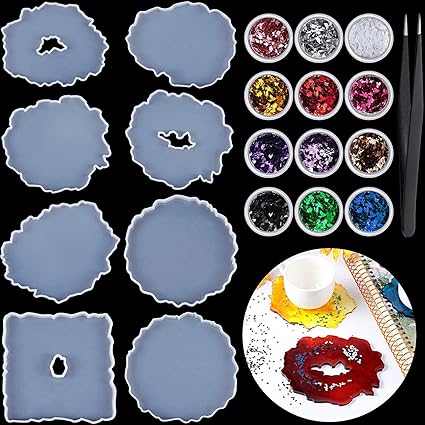 Amazon Co Jp 樹脂製コースター型21点セット 不規則なシリコンコースター型 中空ジオード樹脂鋳造型 12色 輝くスパンコールとピンセット コースターカップマット用 サプライ ホーム キッチン