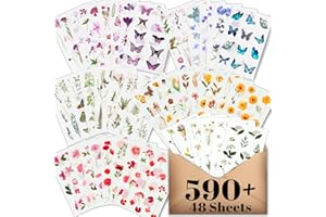 Arme Flower Stickers for Scrapbooking(590 Pieces, 48 Sheets),Decorative Floral Stickers, Small Flower Stickers for Adults, Pressed Flower Stickers Pack, Colorful Wildflower Stickers for Scrapbooking