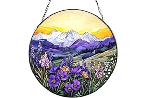 Valley Stained Glass Window Hanging, 7.8" Round Sun Catcher Hand Painted Wall Art Decor with Chain, Unique Housewarming Gifts