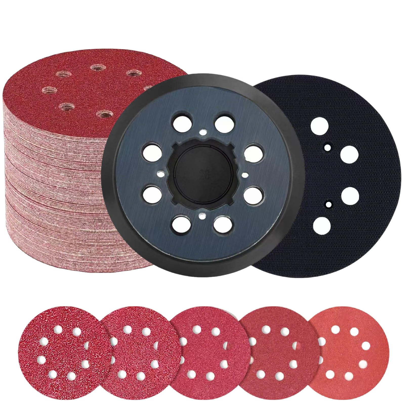 Photo 1 of 52 Pcs Sander Pad & Discs Combo Kit for DeWalt | 2 Pack 5'' 8-Hole Hook & Loop Pads + 50 Sanding Discs | Compatible with DWE6421/DWE6423/DCW210B/DWE64233/N329079 (Plastic Combo Kit)