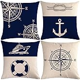7COLORROOM Set of 4 Nautical Navy Blue Throw Pillow Covers Coastal Sailing Anchor/Compass Cushion Cover Coastal Beach House Decor Pillowcases 18”x18” for Sofa Couch Patio